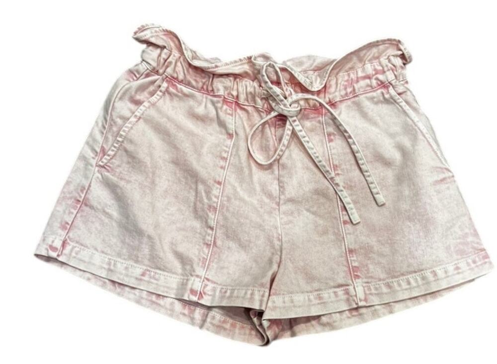 SSomething Navy Pink Acid Wash Denim Paperbag Waist Shorts, Tie Belt, Size M